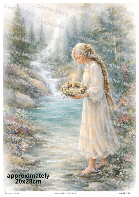 Woman By Waterfall In Forest Decoupage Rice Paper | RP7262