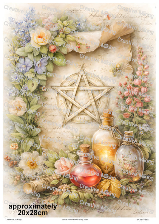 Wiccan Pentagram With Herbs And Bottles Decoupage Rice Paper | RP7265
