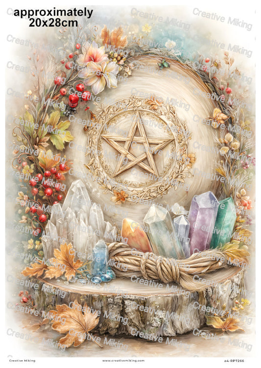 Wiccan Pentagram With Crystals And Nature Wreath Decoupage Rice Paper | RP7266