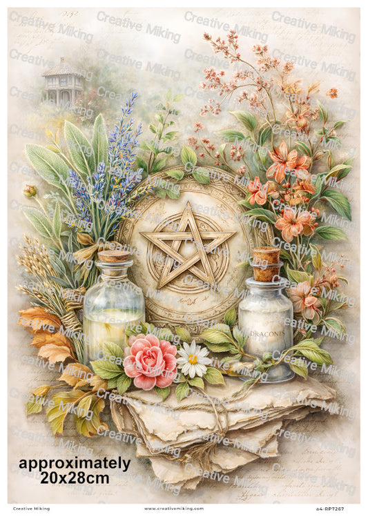 Wiccan Pentagram With Herbs And Apothecary Bottles Decoupage Rice Paper | RP7267