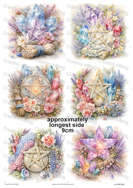 Crystal Pentagram With Flowers Decoupage Rice Paper | RP7268