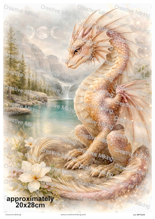 Mystical Dragon By Waterfall In Mountain Landscape Decoupage Rice Paper | RP7269
