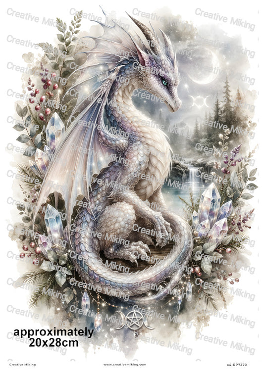 Mystical Crystal Dragon With Pentagram And Moon Phases Decoupage Rice Paper | RP7270