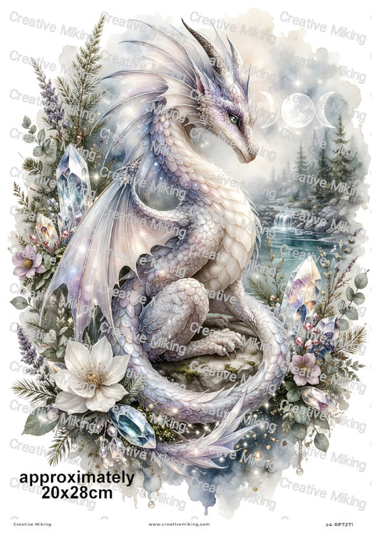 Mystical Crystal Dragon In Forest With Moon Phases Decoupage Rice Paper | RP7271