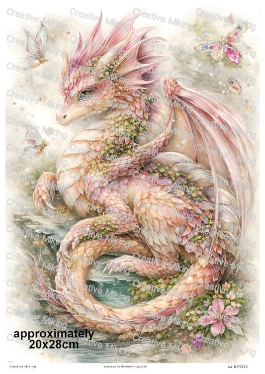 Floral Fantasy Dragon With Butterflies Decoupage Rice Paper | RP7273