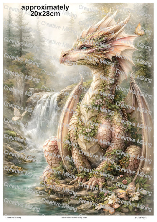 Mystical Forest Dragon With Flowers By Waterfall Decoupage Rice Paper | RP7274