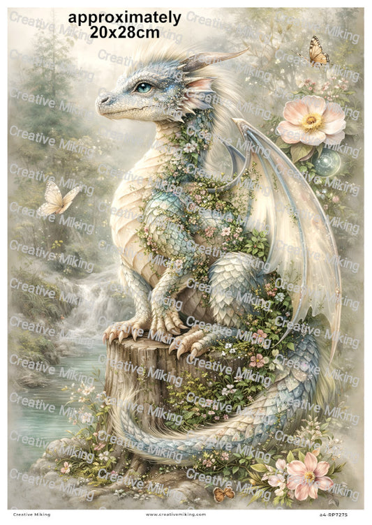 Mystical Forest Dragon With Flowers By Waterfall Decoupage Rice Paper | RP7275