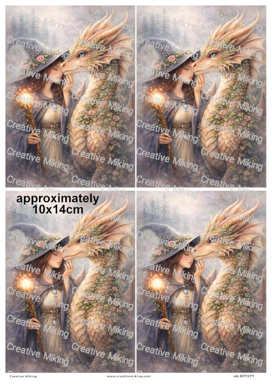 Mystical Wiccan Woman With Forest Dragon Decoupage Rice Paper | RP7277