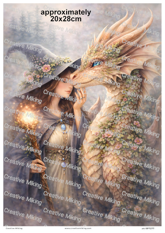 Mystical Wiccan Woman With Forest Dragon Decoupage Rice Paper | RP7277