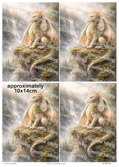 Mystical Forest Dragon On Cliff By Waterfall Decoupage Rice Paper | RP7278