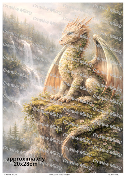 Mystical Forest Dragon On Cliff By Waterfall Decoupage Rice Paper | RP7278