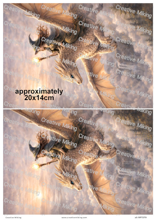 Mystical Wiccan Woman Riding Dragon In Sky Decoupage Rice Paper | RP7279