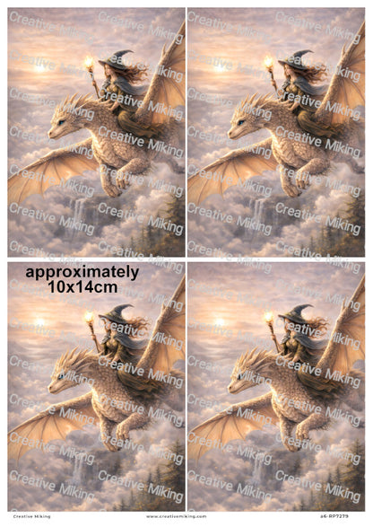 Mystical Wiccan Woman Riding Dragon In Sky Decoupage Rice Paper | RP7279