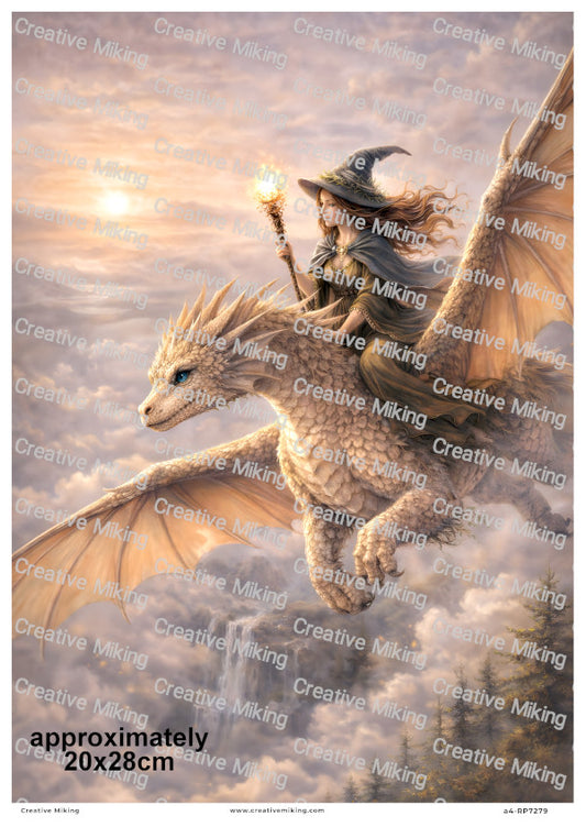 Mystical Wiccan Woman Riding Dragon In Sky Decoupage Rice Paper | RP7279