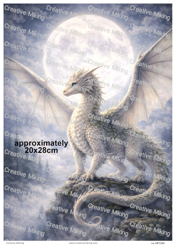 Majestic Dragon Under Full Moon On Cliff Decoupage Rice Paper | RP7280