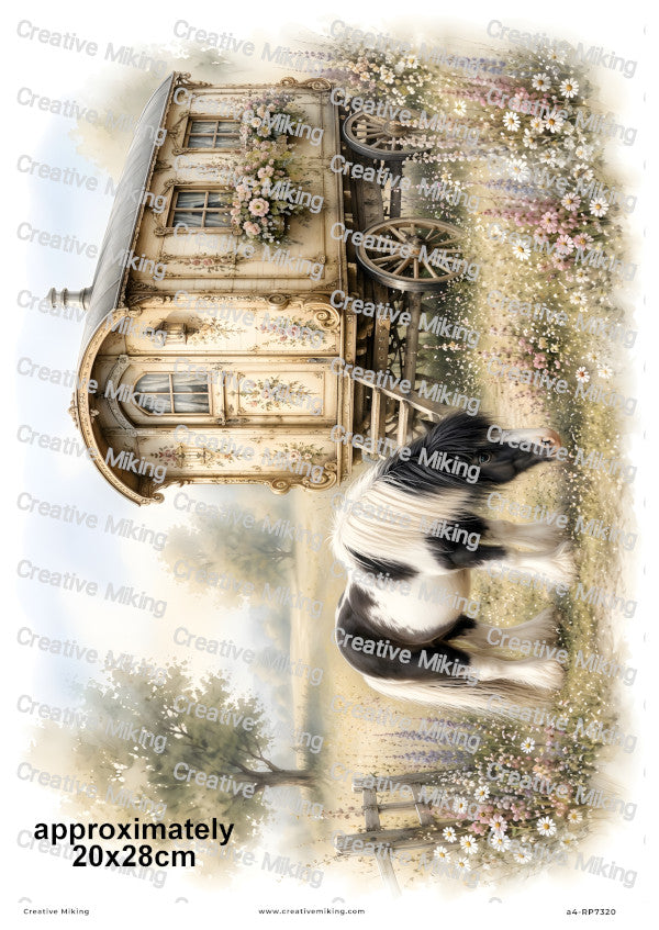 Gypsy Caravan With Black And White Pony Decoupage Rice Paper | RP7320