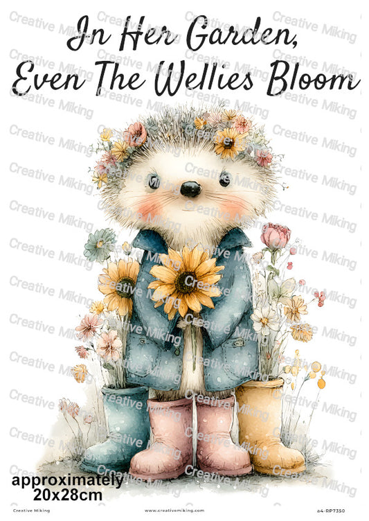 Hedgehog With Flowers And Wellies Funny Decoupage Rice Paper | RP7350