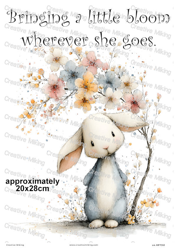 Bunny With Spring Blossoms Funny Decoupage Rice Paper | RP7351