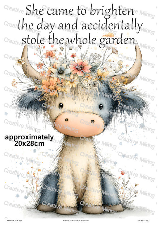 Cute Highland Cow With Flower Crown Funny Decoupage Rice Paper | RP7352