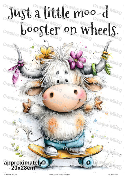 Skateboarding Highland Cow Funny Decoupage Rice Paper | RP7355