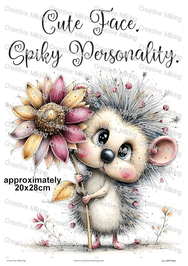 Hedgehog With Giant Flower Funny Decoupage Rice Paper | RP7356