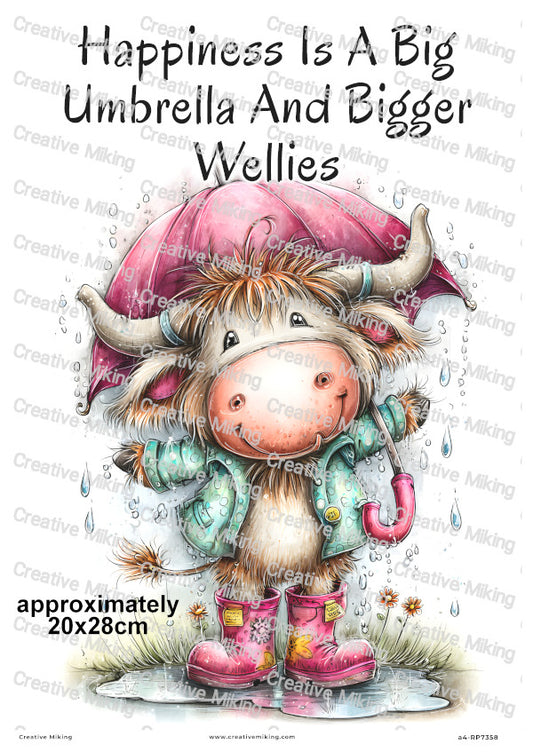 Highland Cow In Rain Boots Funny Decoupage Rice Paper | RP7358