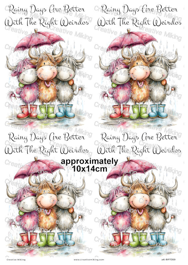 Highland Cow Friends In Wellies Funny Decoupage Rice Paper | RP7359