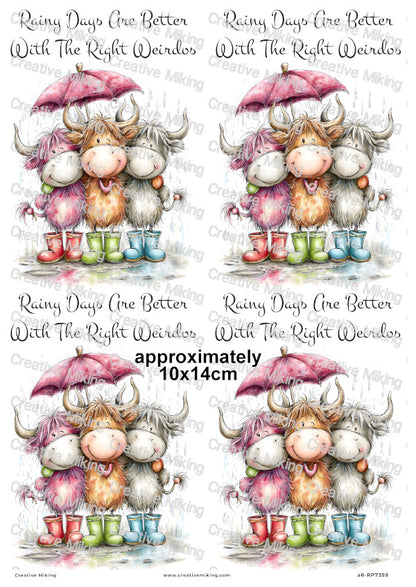 Highland Cow Friends In Wellies Funny Decoupage Rice Paper | RP7359