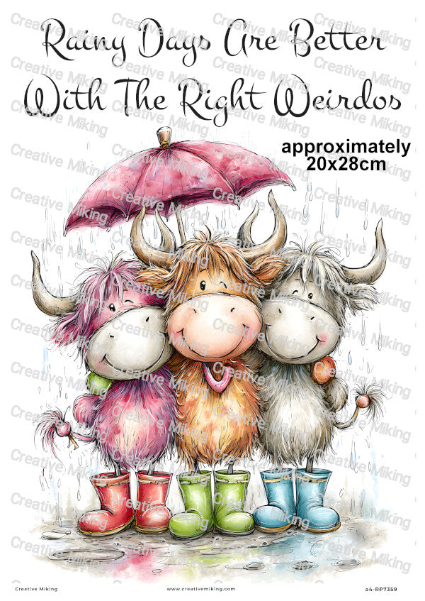 Highland Cow Friends In Wellies Funny Decoupage Rice Paper | RP7359