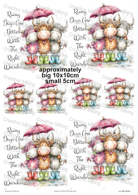 Highland Cow Friends In Wellies Funny Decoupage Rice Paper | RP7359b