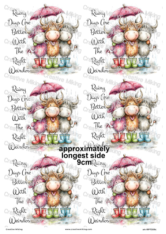 Highland Cow Friends In Wellies Funny Decoupage Rice Paper | RP7359c