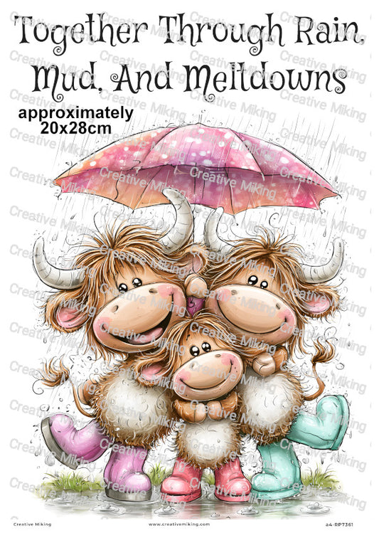Highland Cow Family In Wellies Funny Decoupage Rice Paper | RP7361