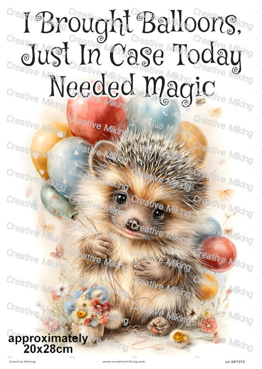 Hedgehog With Balloons Funny Decoupage Rice Paper | RP7373