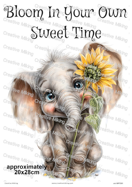 Baby Elephant With Sunflower Uplifting Decoupage Rice Paper | RP7391