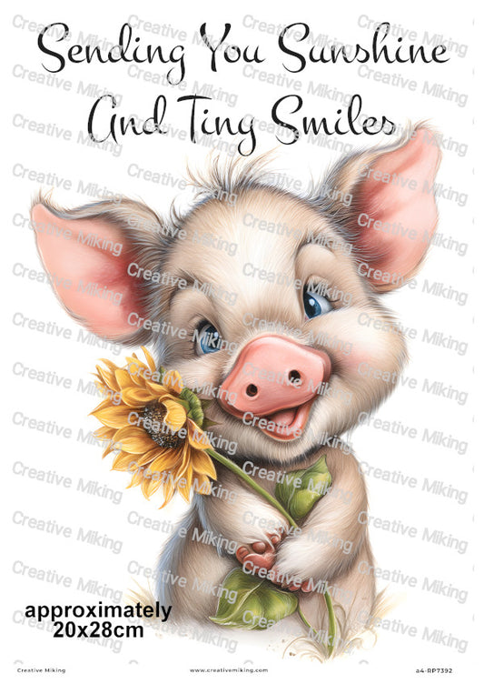 Piglet With Sunflower Uplifting Decoupage Rice Paper | RP7392