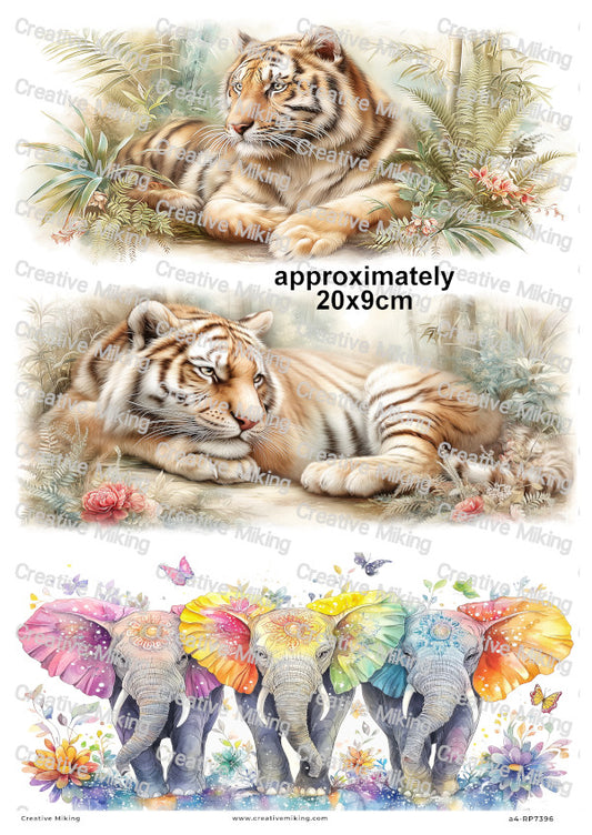 Tigers And Colourful Elephants Decoupage Rice Paper | RP7396