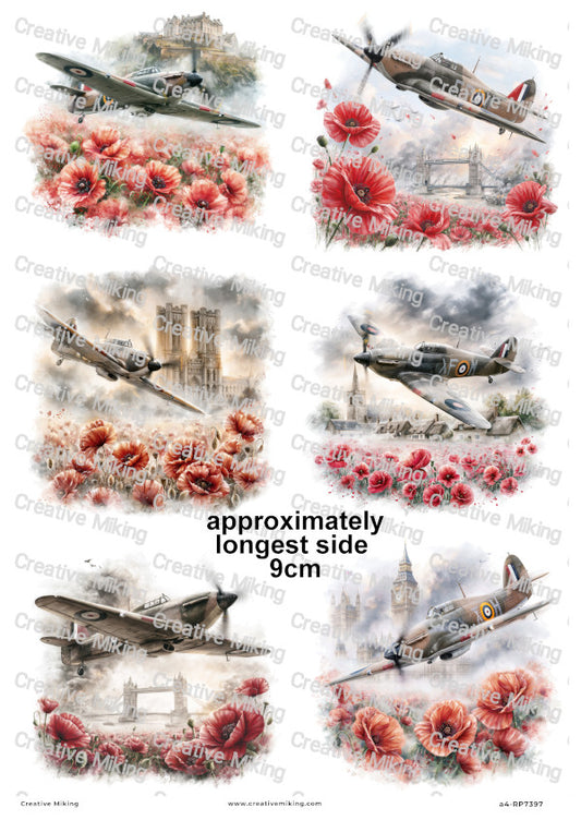 Hawker Hurricane Aircraft With Poppies Remembrance Decoupage Rice Paper | RP7397