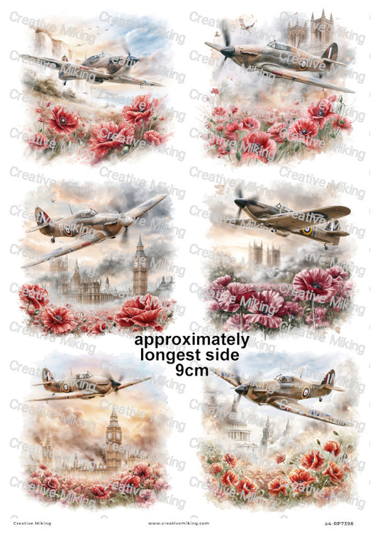 Hawker Hurricane Aircraft With Poppies Remembrance Decoupage Rice Paper | RP7398