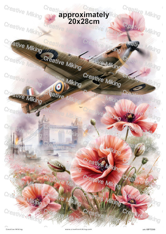 Hawker Hurricane Aircraft With Poppies Remembrance Decoupage Rice Paper | RP7399