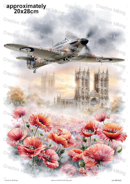 Hawker Hurricane Aircraft With Poppies Remembrance Decoupage Rice Paper | RP7401