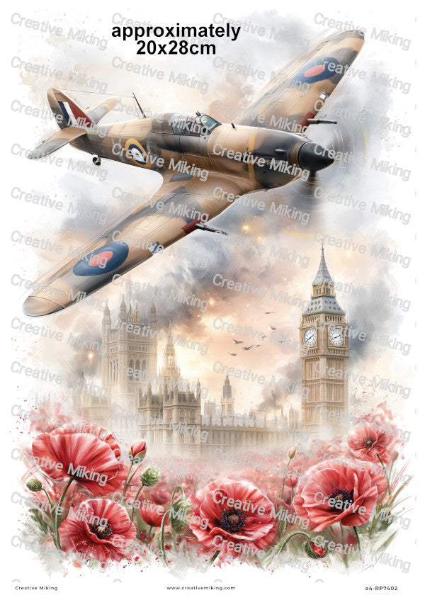 Hawker Hurricane Aircraft With Poppies Remembrance Decoupage Rice Paper | RP7402