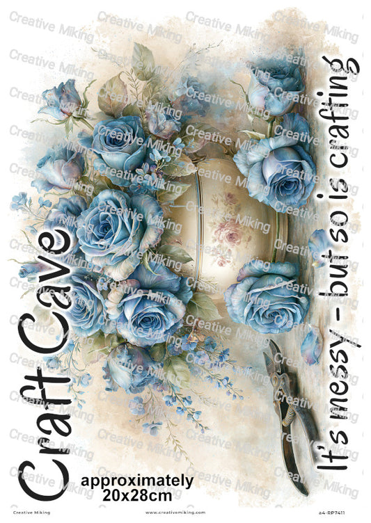 Blue Roses Floral Sign Decoupage Rice Paper | RP7411