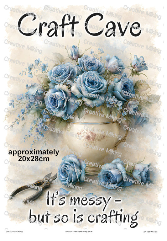 Blue Roses Floral Sign Decoupage Rice Paper | RP7411b