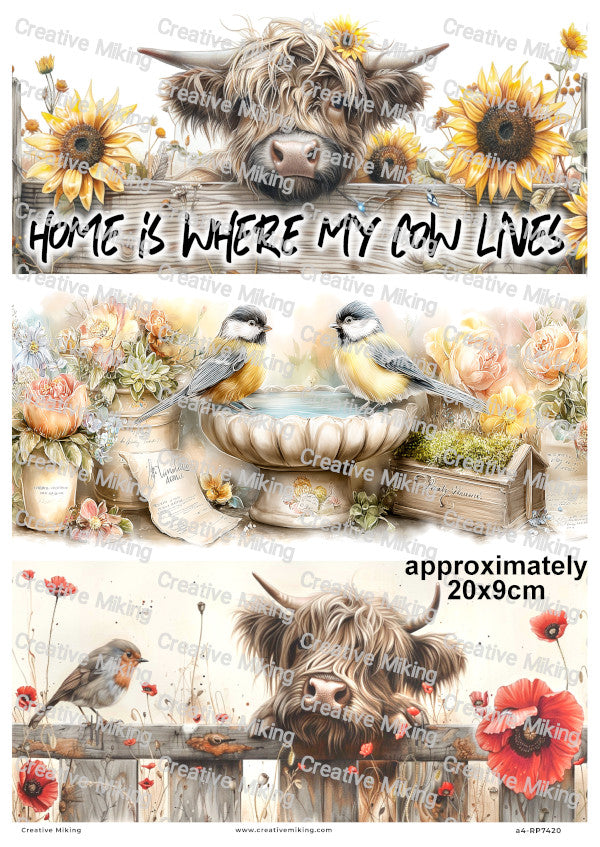 Highland Cow And Garden Birds Decoupage Rice Paper | RP7420