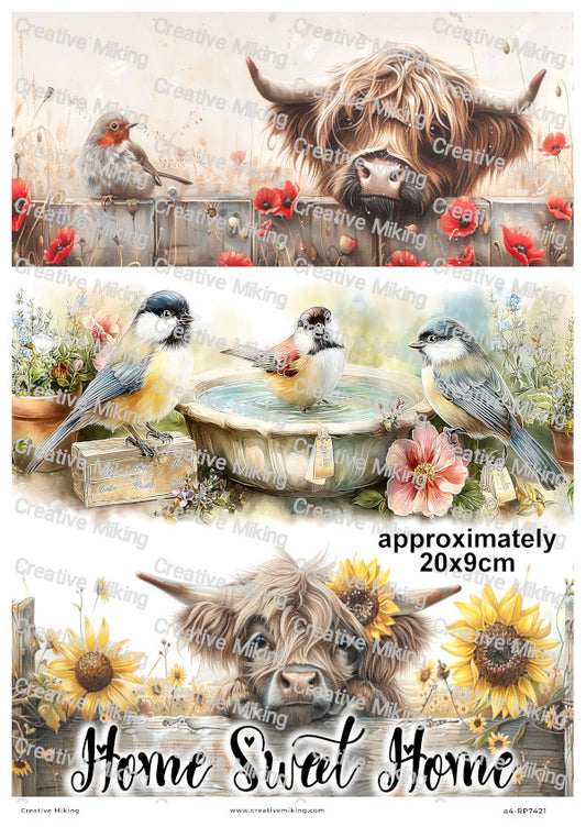 Highland Cow And Garden Birds Decoupage Rice Paper | RP7421