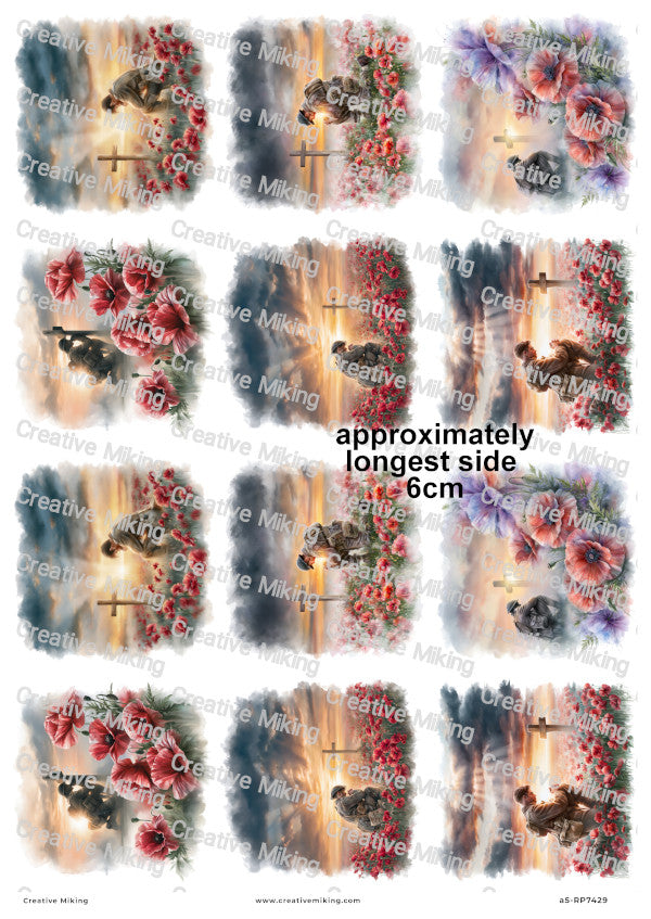 Soldiers In Poppy Field Remembrance Decoupage Rice Paper | RP7429