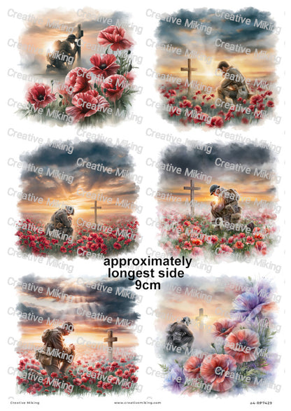 Soldiers In Poppy Field Remembrance Decoupage Rice Paper | RP7429