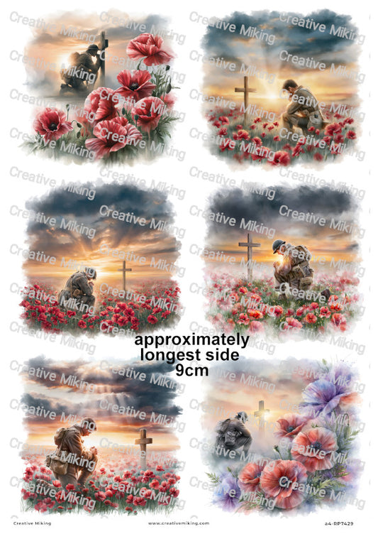 Soldiers In Poppy Field Remembrance Decoupage Rice Paper | RP7429