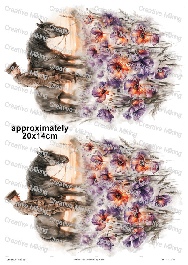 Soldier With Horse In Poppy Field Remembrance Decoupage Rice Paper | RP7430