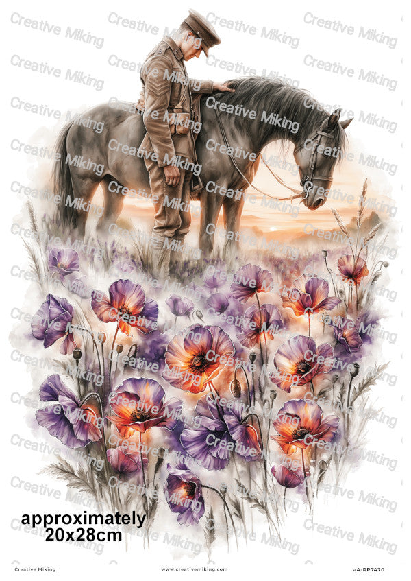 Soldier With Horse In Poppy Field Remembrance Decoupage Rice Paper | RP7430